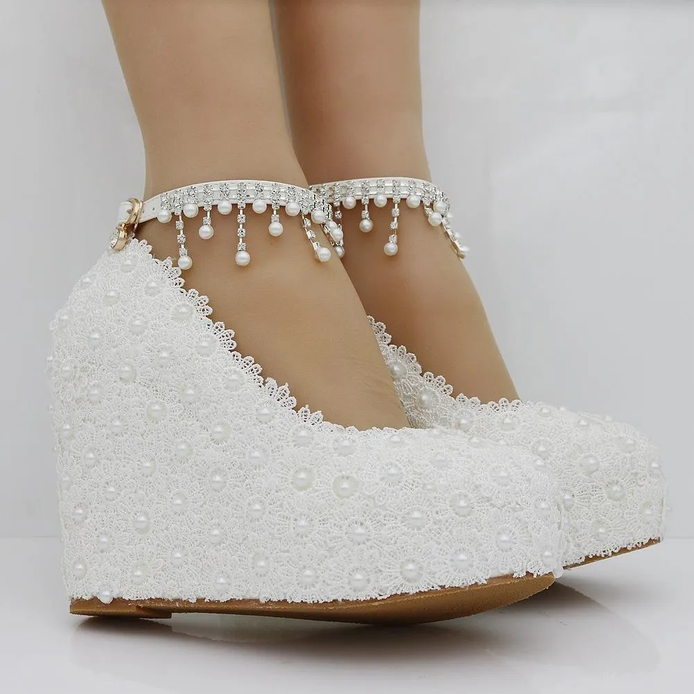 Women's lace pearls pumps closed toe platform wedge bridal shoes, 4.3"