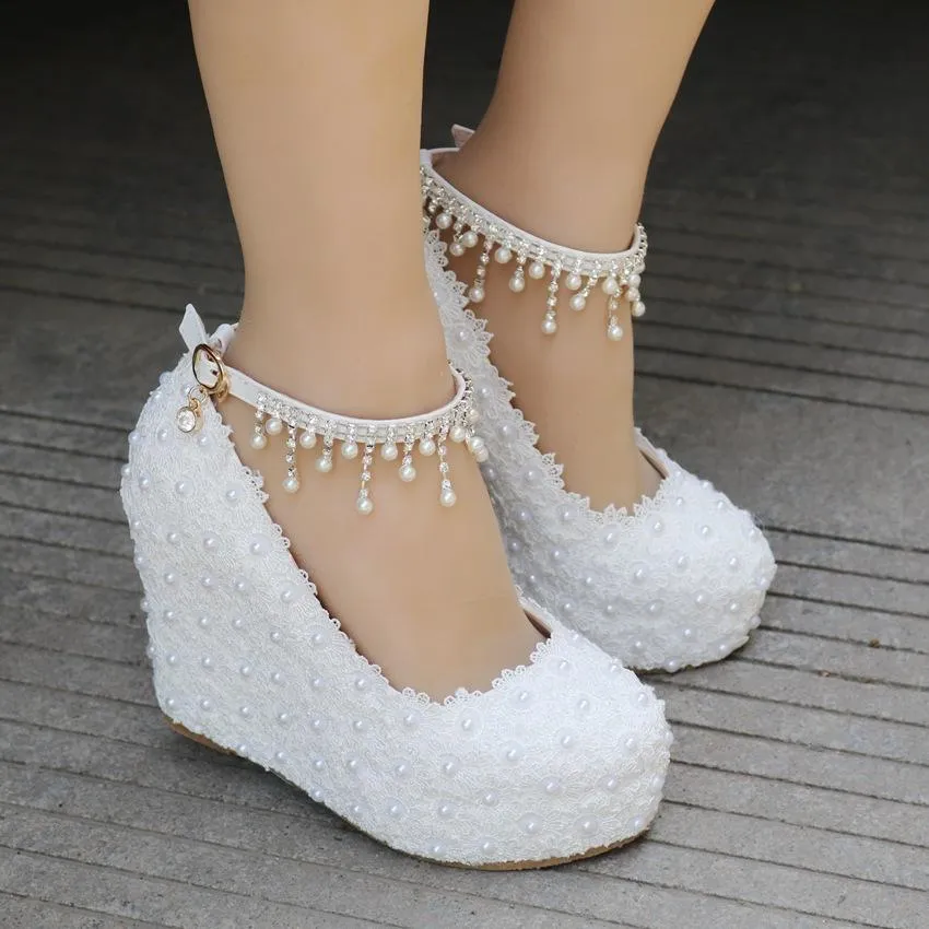 Women's lace pearls pumps closed toe platform wedge bridal shoes, 4.3"