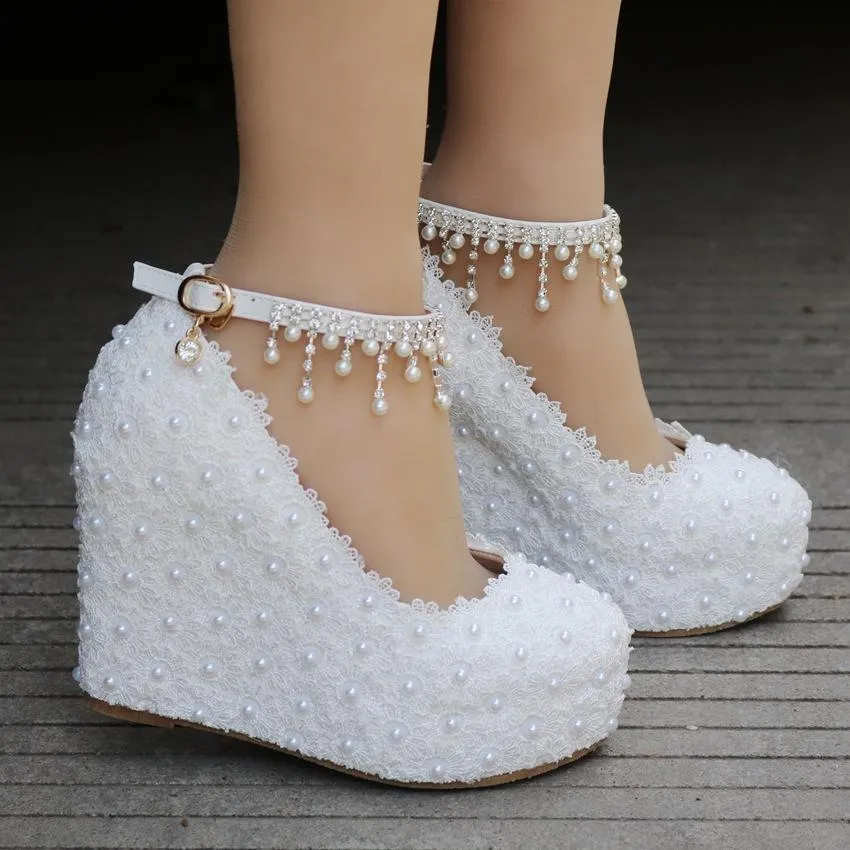 Women's lace pearls pumps closed toe platform wedge bridal shoes, 4.3"
