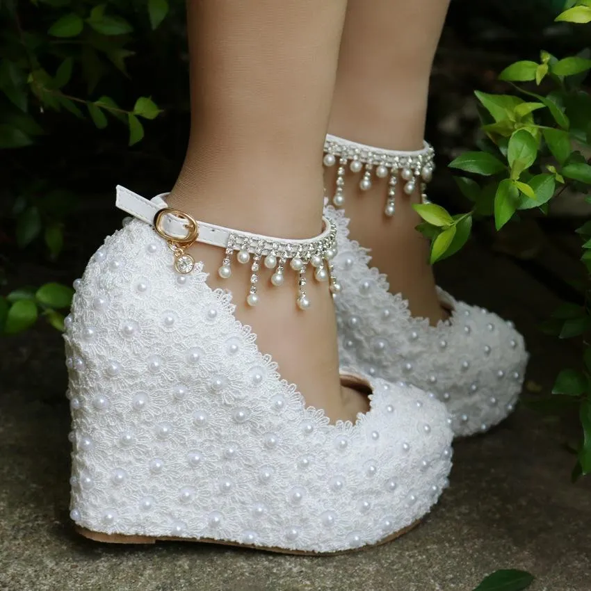 Women's lace pearls pumps closed toe platform wedge bridal shoes, 4.3"