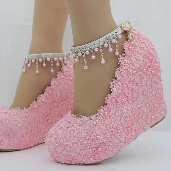 Women's lace pearls pumps closed toe platform wedge bridal shoes, 4.3"