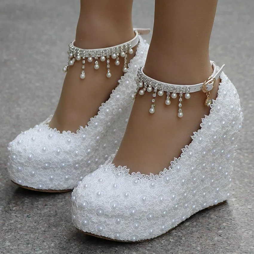 Women's lace pearls pumps closed toe platform wedge bridal shoes, 4.3"