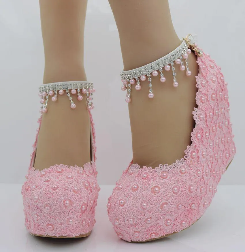 Women's lace pearls pumps closed toe platform wedge bridal shoes, 4.3"