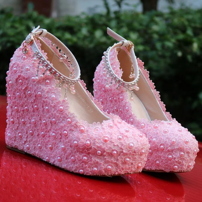 Women's lace pearls pumps closed toe platform wedge bridal shoes, 4.3"