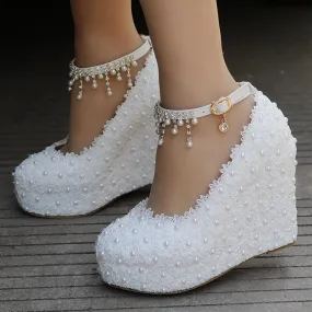 Women's lace pearls pumps closed toe platform wedge bridal shoes, 4.3"