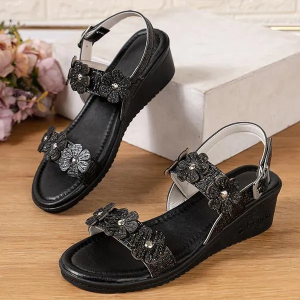 Women's Retro Buckle Flower Wedge Sandals 18075252S