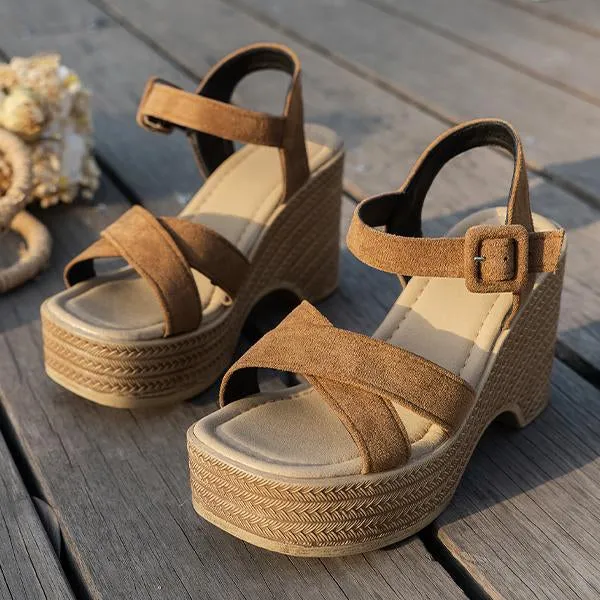 Women's Retro Cross Strap Thick Sole Wedge Sandals 99312313S