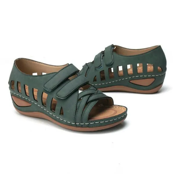 Women's Retro Round Toe Wedge Hollow Sandals 78653255C