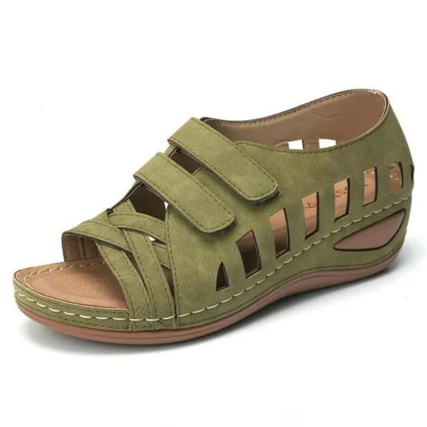 Women's Retro Round Toe Wedge Hollow Sandals 78653255C