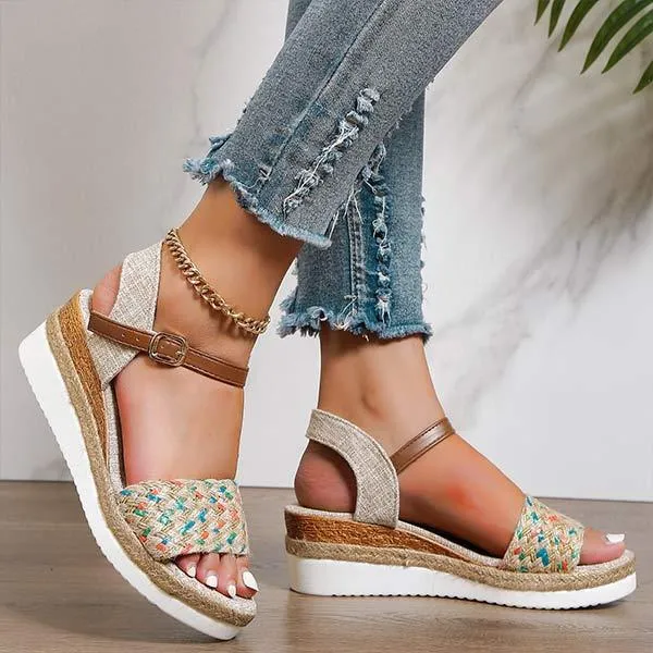 Women's Woven Straw One-Strap Buckled Wedge Sandals with Thick Sole 93654711C