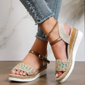 Women's Woven Straw One-Strap Buckled Wedge Sandals with Thick Sole 93654711C